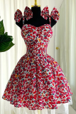 Red Sexy Print Bow Decor Spaghetti Strap Printed Dresses