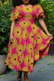 Rose Red Casual Print Patchwork O Neck Long Dresses