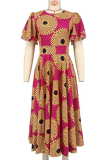 Rose Red Casual Print Patchwork O Neck Long Dresses