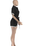Black Casual Buckle Strap Design Turndown Collar Regular Rompers