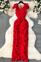 Red Elegant Solid Color Stringy Selvedge V Neck Long Dresses