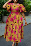 Rose Red Casual Print Patchwork O Neck Long Dresses