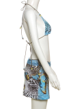 Blue Sexy Print Backless 3 Piece Sets