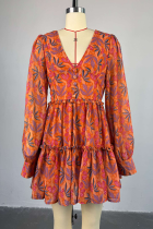 Tangerine Elegant Print Patchwork V Neck Printed Dresses