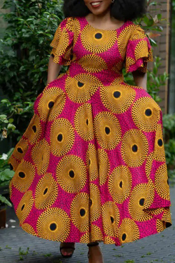 Rose Red Casual Print Patchwork O Neck Long Dresses