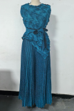 Red Elegant Solid Color Pleated Irregular Hem O Neck Sleeveless Two Pieces