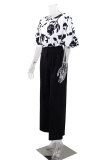 Black Casual Print Patchwork O Neck Half Sleeve Two Pieces