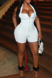White Sexy Solid Color Backless Zipper Halter Skinny Rompers