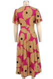 Rose Red Casual Print Patchwork O Neck Long Dresses