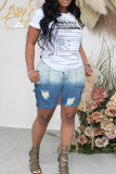 Blue Casual Gradient Pocket Mid Waist Regular Denim Shorts
