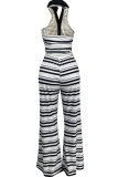 Black Casual Daily Stripe Buttons Halter Sleeveless Two Pieces