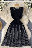 White Casual Stripe Patchwork O Neck Sleeveless Dresses