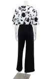 Black Casual Print Patchwork O Neck Half Sleeve Two Pieces