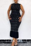 Burgundy Celebrities Hot Drill O Neck One Step Skirt Dresses
