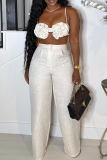 White Sexy Solid Color Backless Flower Shape Spaghetti Strap Sleeveless Two Pieces