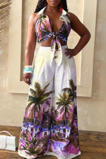 Purple Casual Print Strap Design Turndown Collar Sleeveless Two Pieces