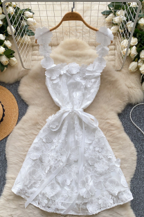 White Sexy Flowers Strap Design Sling Dresses