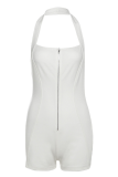 White Sexy Solid Color Backless Zipper Halter Skinny Rompers