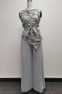 Silver Elegant Solid Color Pleated Irregular Hem O Neck Sleeveless Two Pieces