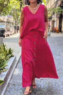 Rose Red Casual Polka Dot Buckle V Neck Plus Size Two Pieces
