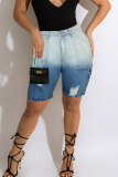 Blue Casual Gradient Pocket Mid Waist Regular Denim Shorts