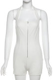 White Sexy Solid Color Backless Zipper Halter Skinny Rompers