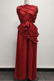 Red Elegant Solid Color Pleated Irregular Hem O Neck Sleeveless Two Pieces