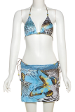 Blue Sexy Print Backless 3 Piece Sets