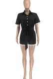 Black Casual Buckle Strap Design Turndown Collar Regular Rompers