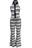 Black Casual Daily Stripe Buttons Halter Sleeveless Two Pieces