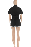 Black Casual Buckle Strap Design Turndown Collar Regular Rompers