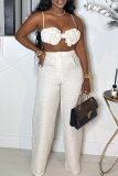 White Sexy Solid Color Backless Flower Shape Spaghetti Strap Sleeveless Two Pieces