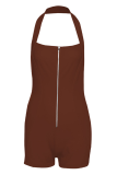 White Sexy Solid Color Backless Zipper Halter Skinny Rompers
