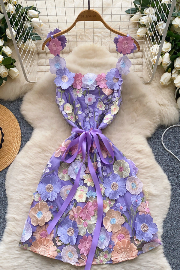 violet Sexy Flowers Strap Design Sling Dresses