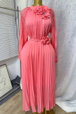 Red Elegant Solid Color Beading Strap Design Flower Shape O Neck Long Dresses