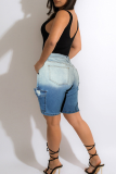 Blue Casual Gradient Pocket Mid Waist Regular Denim Shorts