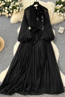 Black Elegant Solid Color Beading Strap Design Flower Shape O Neck Long Dresses