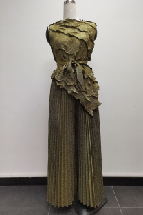 Gold Elegant Solid Color Pleated Irregular Hem O Neck Sleeveless Two Pieces
