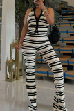 Black Casual Daily Stripe Buttons Halter Sleeveless Two Pieces