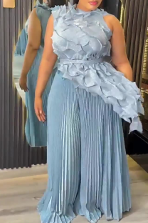 Blue Gray Elegant Solid Color Pleated Irregular Hem O Neck Sleeveless Two Pieces