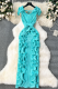 Lake Blue Elegant Solid Color Stringy Selvedge V Neck Long Dresses