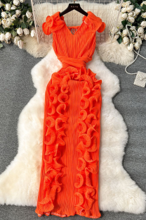 Tangerine Red Elegant Solid Color Stringy Selvedge V Neck Long Dresses