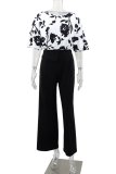 Black Casual Print Patchwork O Neck Half Sleeve Two Pieces