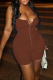 Brown Sexy Solid Color Backless Zipper Halter Skinny Rompers