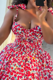 Red Sexy Print Bow Decor Spaghetti Strap Printed Dresses