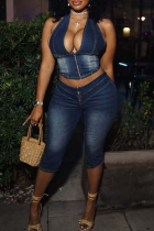 Sky Blue Casual Solid Color Backless Zipper Halter Sleeveless Two Pieces