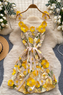 Yellow Sexy Flowers Strap Design Sling Dresses