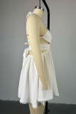 White Sexy Solid Color Hollow Out Backless Pearls Decor Spaghetti Strap Sling Dresses