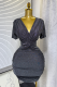 Grey Sexy Solid Color Ruched V Neck Wrapped Skirt Dresses