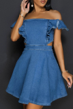 Blue Sexy Solid Color Hollow Out Zipper Square Neck Boot Cut Denim Dresses
